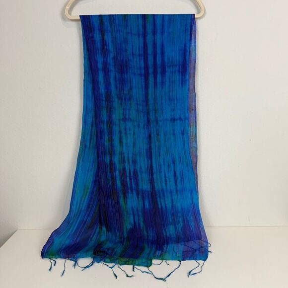 Handmade Artisan Blue Silk Scarf Shawl 28x65 - Picture 1 of 8